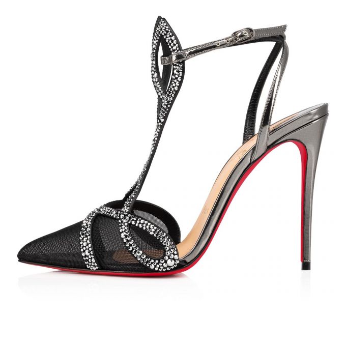 Christian Louboutin Double L Pump Strass 100 Fishnet T Strap Ženske T Strap Srebrne | RS-15004