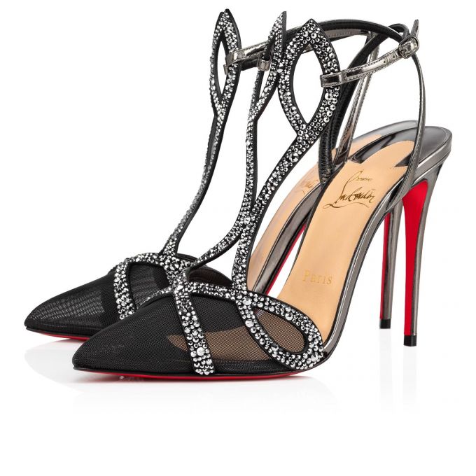 Christian Louboutin Double L Pump Strass 100 Fishnet T Strap Ženske T Strap Srebrne | RS-15004